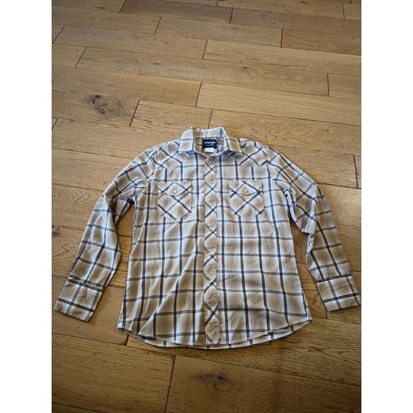 Wrangler Western Shirt Mens Medium Beige Plaid Long Sleeve Pearl Snap - Picture 1 of 7